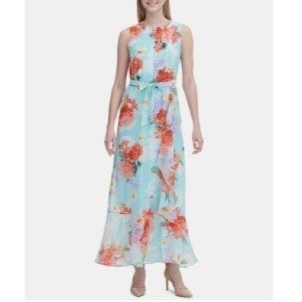 Women’s Calvin Klein Pleated Floral Print Polyester Faux Wrap Dress Maxi Size S